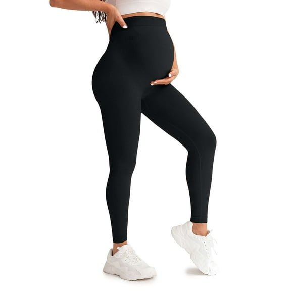 Deago Women's Maternity Leggings Over The Belly Soft Non-See-Through Workout Yoga Pants Pregnancy Leggings (Black, M)