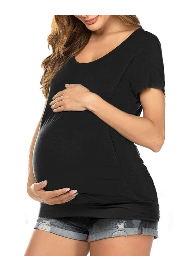 Women's Maternity Nursing Top Breastfeeding Tee Shirt Soft Double Layer Short Sleeve Pregnancy Shirt (Black, 2XL)