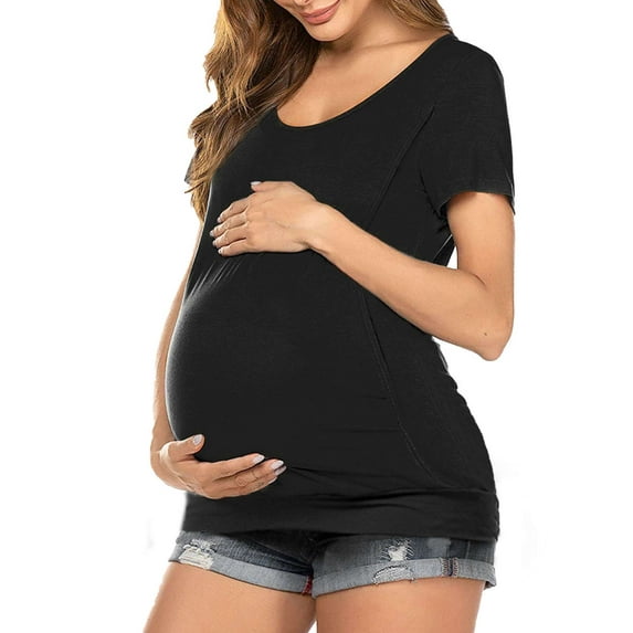 Deago Women's Maternity Nursing Top Breastfeeding Tee Shirt Soft Double Layer Short Sleeve Pregnancy Shirt (Black, L)