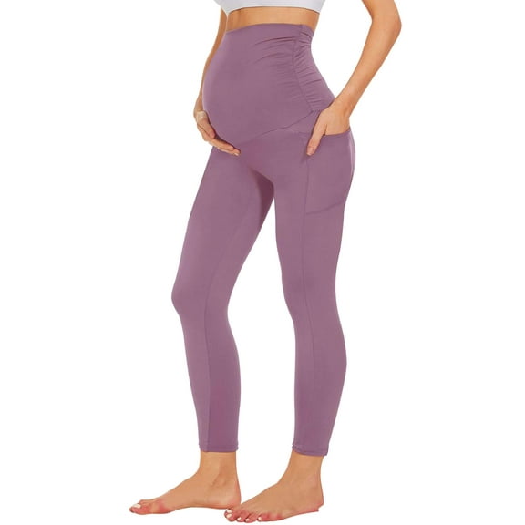 Deago Women's Maternity Workout Leggings Over The Belly Pregnancy Yoga Pants with Pockets Soft Activewear Work Pants (Purple, 2XL)