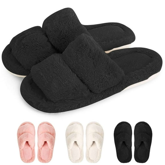 Deago Women's Memory Foam Fuzzy Comfy Faux Fur House Slippers Open Toe Two Band Indoor Slides Soft Plush Fleece Non-Slip Bedroom Shoes (Black)