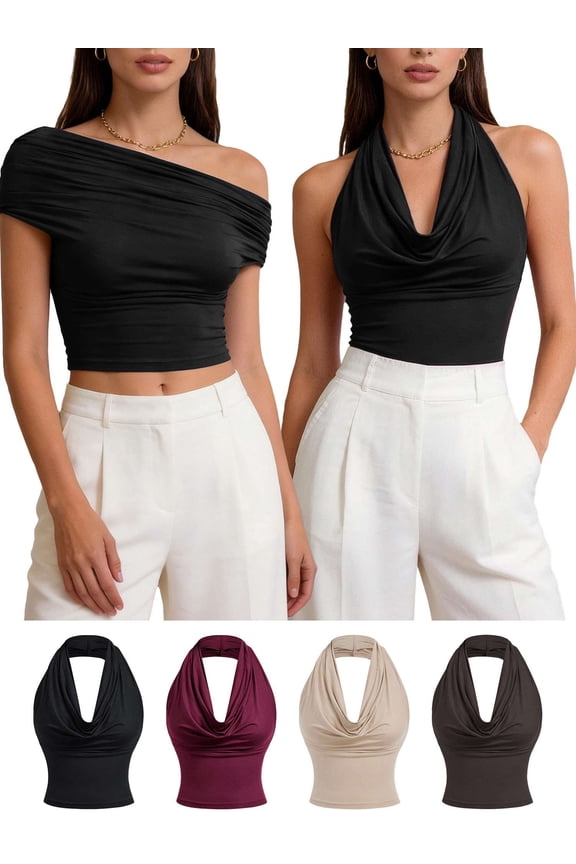 Women's Multi Way Wear Ruched Off The Shoulder Tops Summer Draped Cowl Neck Halter Tank Top Sexy Backless Sleeveless Going Out Y2K Crop Vest Tops (Black, M)