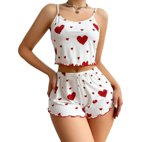 Deago Women's Pajama Set 2 Piece Sleeveless Summer Cute Crop Cami and Shorts Ribbed Sleepwear Lounge Sets (Red, S)
