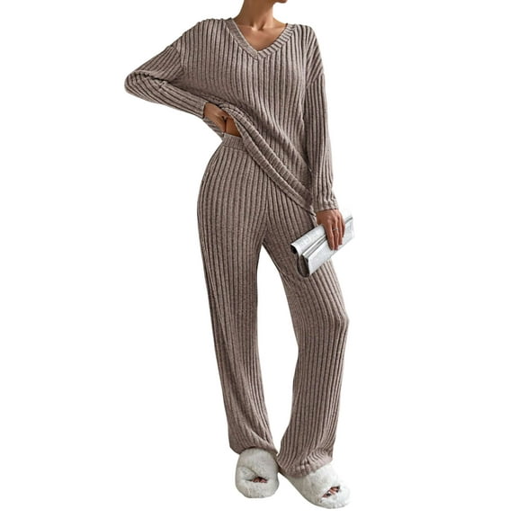 Deago Women's Pajama Sets Long Sleeve 2 Piece Lounge Sets Ribbed Knit Sweater Sleepwear (Khaki, S)