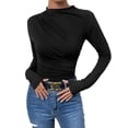 thumbnail image 1 of Deago Women's Pleated Long Sleeve Mock Neck T Shirts Casual Slim Fit Fall Tops Basic Business Work Tee (Black, S), 1 of 5