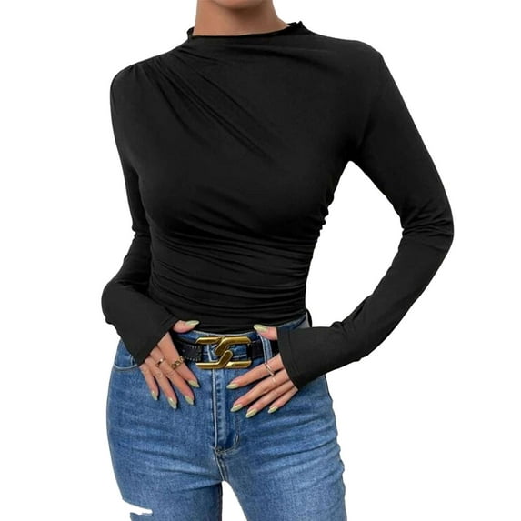 Deago Women's Pleated Long Sleeve Mock Neck T Shirts Casual Slim Fit Fall Tops Basic Business Work Tee (Black, S)