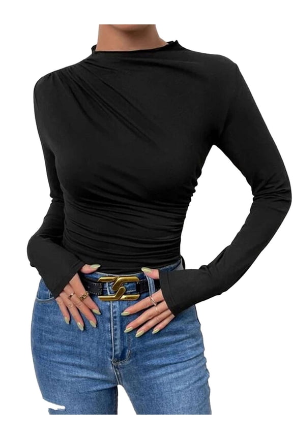 Women's Pleated Long Sleeve Mock Neck T Shirts Casual Slim Fit Fall Tops Basic Business Work Tee (Black, XL)