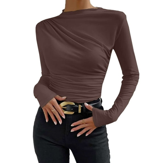 Deago Women's Pleated Long Sleeve Mock Neck T Shirts Casual Slim Fit Fall Tops Basic Business Work Tee (Coffee, XL)