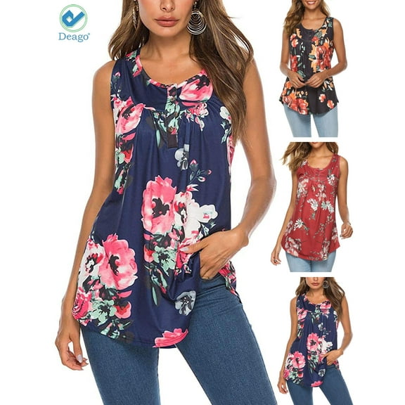 Deago Women's Plus Size Flowy Tank Tops Summer Sleeveless Loose Fit Pleated Tunic Shirts (Blue, 2XL)