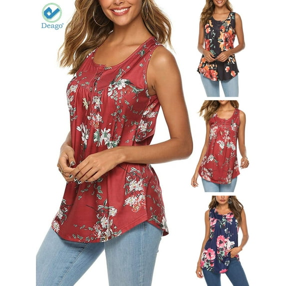Deago Women's Plus Size Flowy Tank Tops Summer Sleeveless Loose Fit Pleated Tunic Shirts (Dark Red, M)