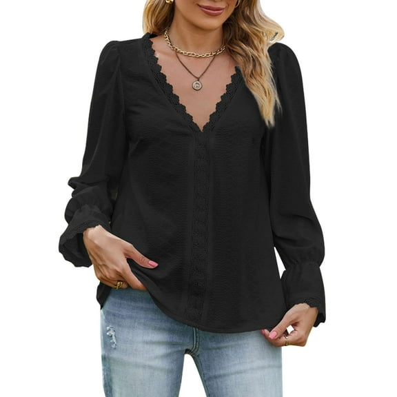 Deago Women's Puff Long Sleeve Shirts Lace V Neck T-Shirts Loose Dressy Casual Work Blouses Fall Tops Trendy Clothes (Black, M)