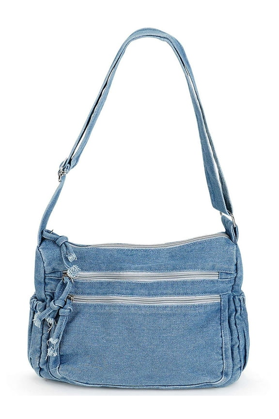 Women's Retro Large Denim Shoulder Bag Crossbody Handbags Casual Style Lightweight Jean Tote Purse (Blue)