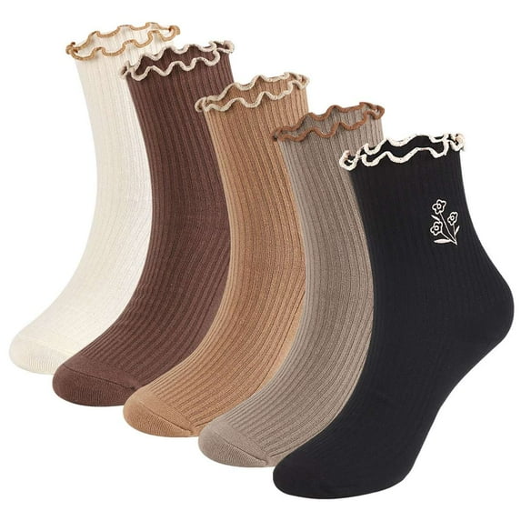 Deago Women's Ruffle Socks Casual Cute Ankle Socks Breathable Knit Cotton Soft Frilly Crew Socks for Women (Black)