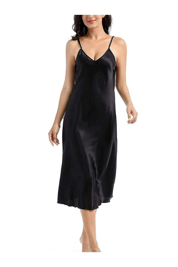 Women's Satin Nightgown Sleeveless Long Slip Sleep Dress Silk V Neck Nightgowns Sleepwear (Black, L)