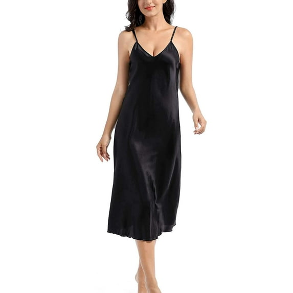 Deago Women's Satin Nightgown Sleeveless Long Slip Sleep Dress Silk V Neck Nightgowns Sleepwear (Black, M)