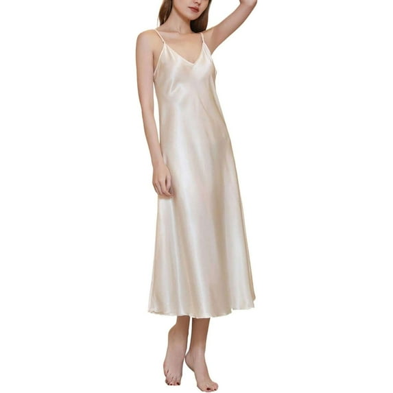 Deago Women's Satin Nightgown Sleeveless Long Slip Sleep Dress Silk V Neck Nightgowns Sleepwear (Champagne, 2XL)