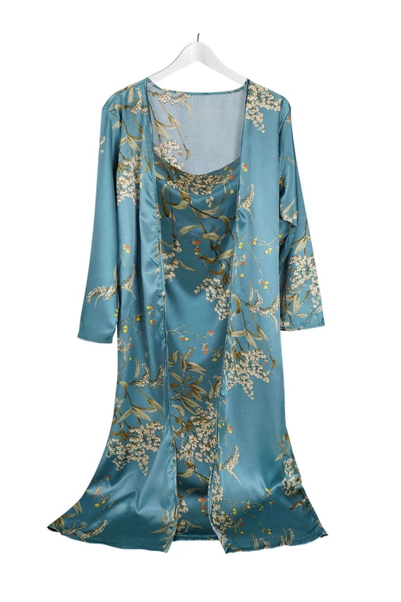Women's Satin Nightgown with Robes Set 2 Piece Sleepwear Bathrobe Sexy Floral Lingerie Pajamas Silky Cami Nightwear (Blue, L)