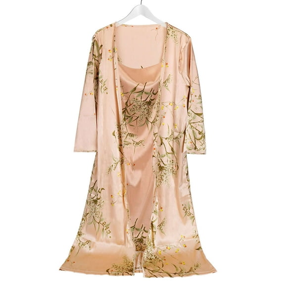 Deago Women's Satin Nightgown with Robes Set 2 Piece Sleepwear Bathrobe Sexy Floral Lingerie Pajamas Silky Cami Nightwear (Champagne, 2XL)