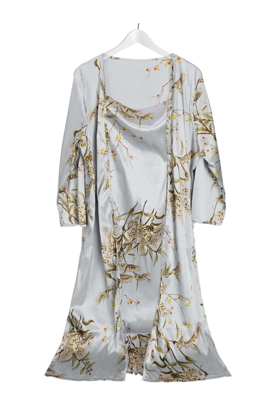 Women's Satin Nightgown with Robes Set 2 Piece Sleepwear Bathrobe Sexy Floral Lingerie Pajamas Silky Cami Nightwear (Gray, 2XL)