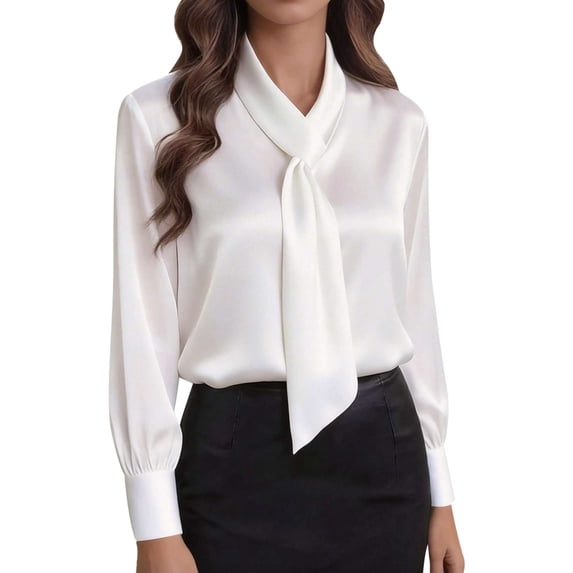 Deago Women's Satin Silk Blouse Long Sleeve Tie Neck Shirts Elegant Business Dressy Casual Office Work Shirt Tops (White, S)