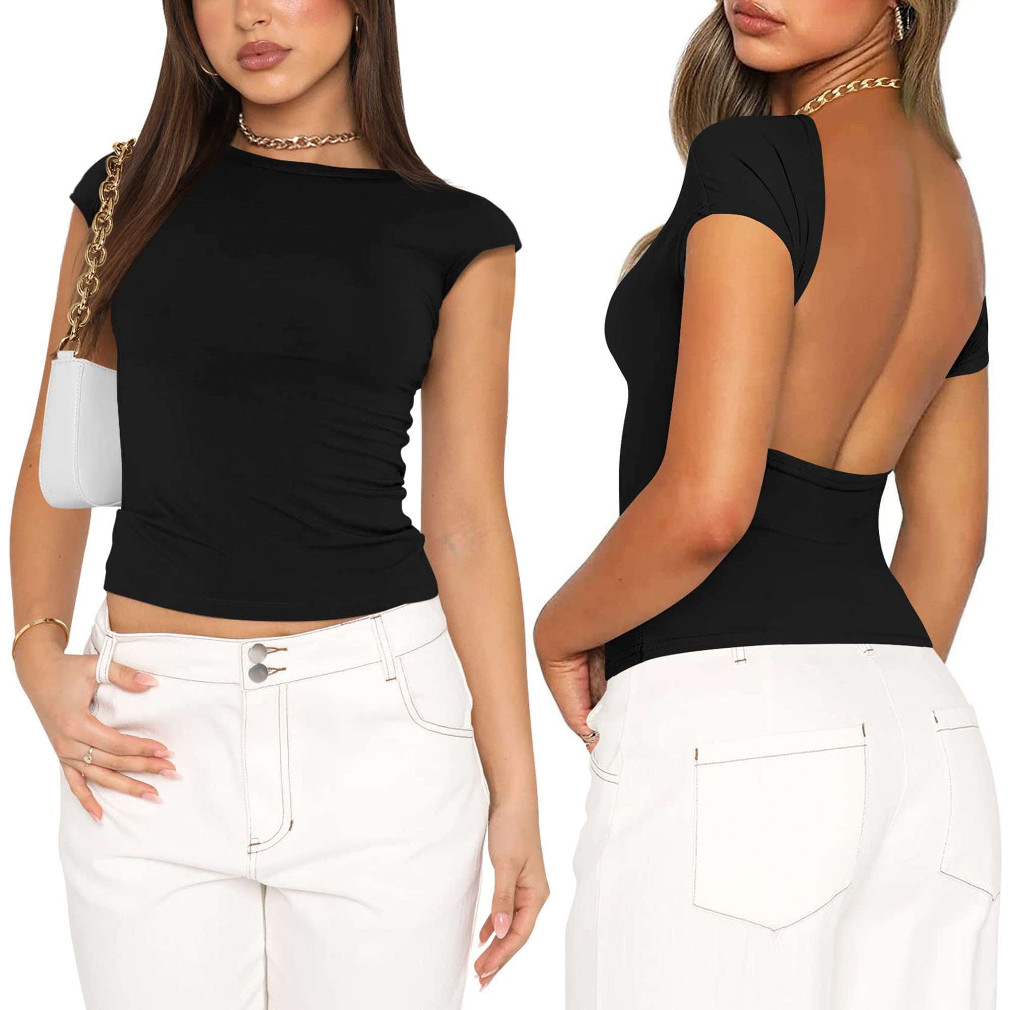Deago Women's Sexy Backless T-Shirt Short Sleeve Slim Fit
