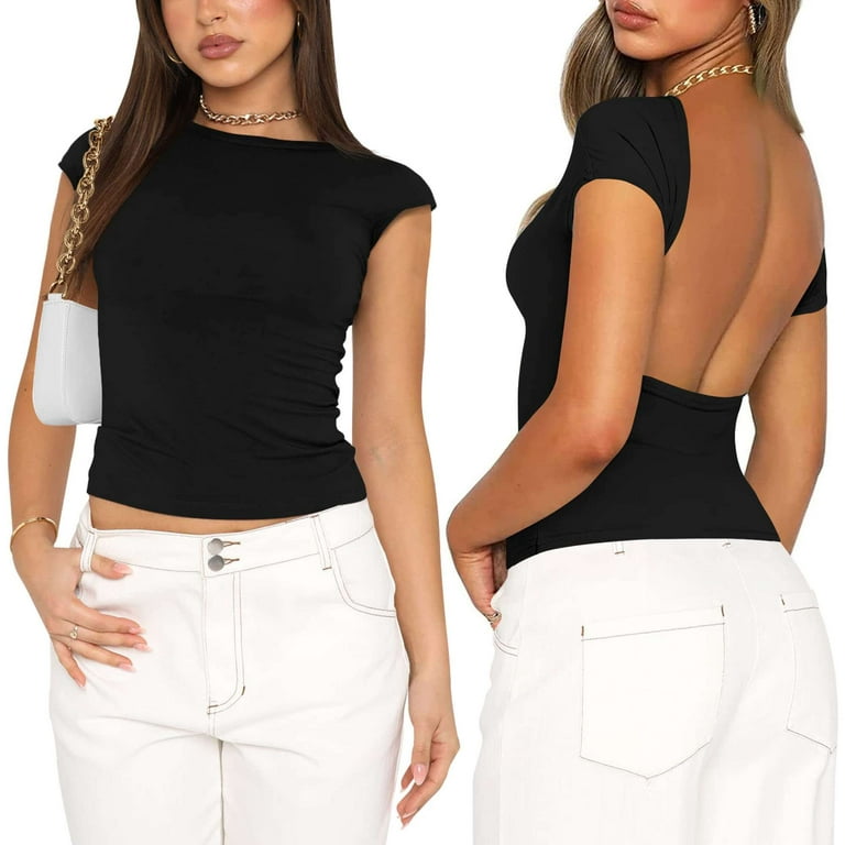 Womens Sexy Backless Top Open Back Crop Tops Going Out Short Sleeve  T-Shirts Cute Summer Tops Slim Fit Cut Out Y2k Tops