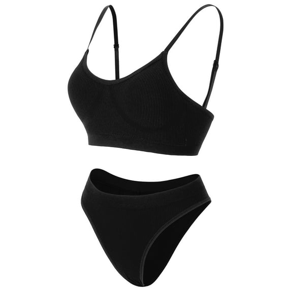 Deago Women’s Sexy Lingerie Set Seamless Ribbed Wireless Bra and Panty Set (Black, XL)