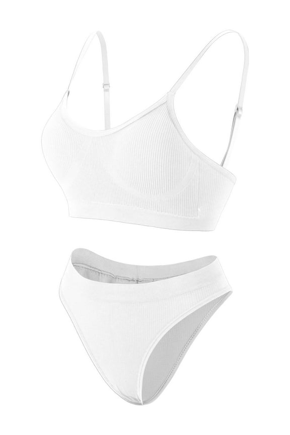 Women’s Sexy Lingerie Set Seamless Ribbed Wireless Bra and Panty Set (White, M)