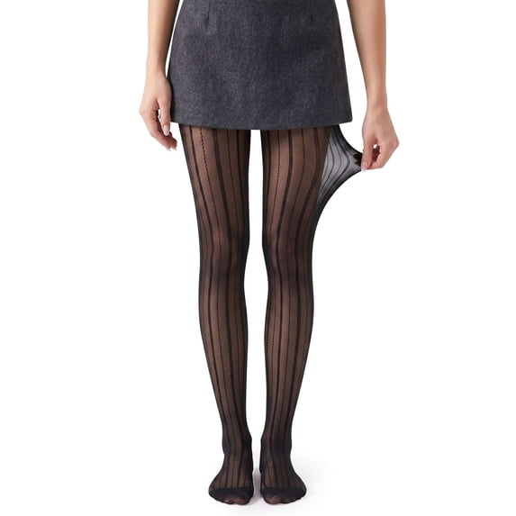 Deago Women's Sexy Striped Ultra Sheer Control Top Footed Tights Silk Stockings High Waist Pantyhose, Black