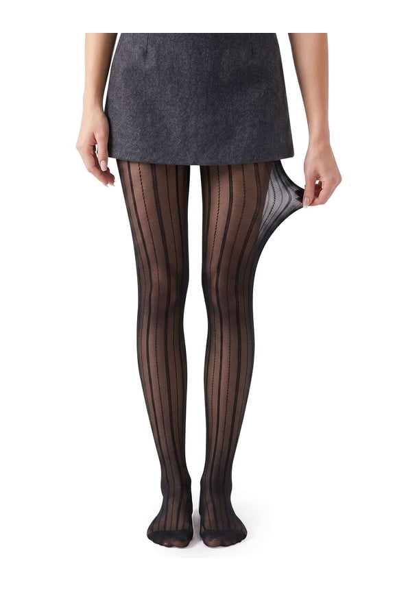 Women's Sexy Striped Ultra Sheer Control Top Footed Tights Silk Stockings High Waist Pantyhose, Black
