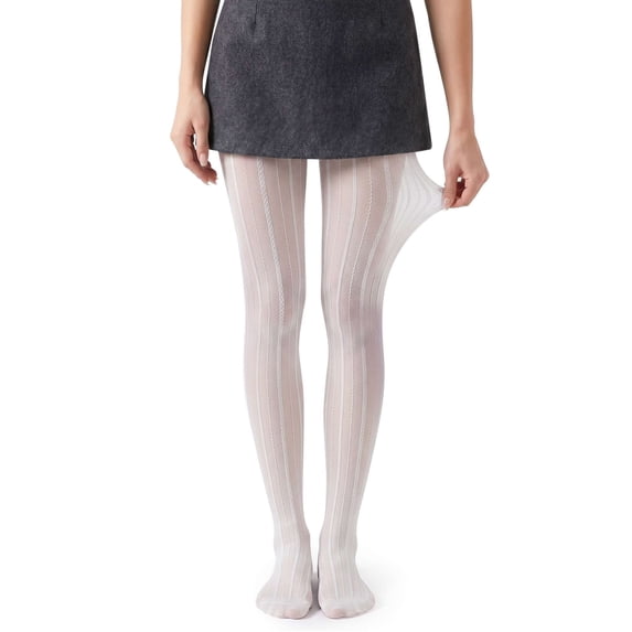 Deago Women's Sexy Striped Ultra Sheer Control Top Footed Tights Silk Stockings High Waist Pantyhose, White