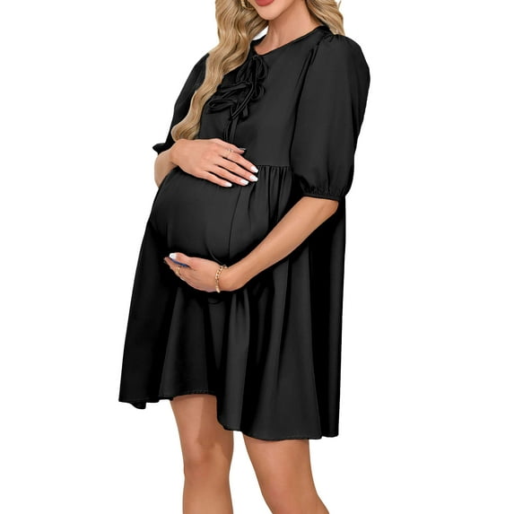 Deago Women's Short Puff Sleeve Maternity Dress Crew Neck Summer Casual Tie Front Loose Flowy Pregnancy Dresses for Baby Shower (Black, S)