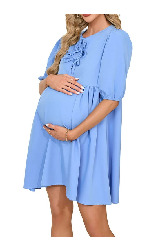 Women's Short Puff Sleeve Maternity Dress Crew Neck Summer Casual Tie Front Loose Flowy Pregnancy Dresses for Baby Shower (Blue, M)