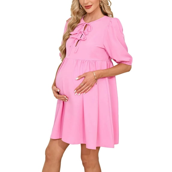 Deago Women's Short Puff Sleeve Maternity Dress Crew Neck Summer Casual Tie Front Loose Flowy Pregnancy Dresses for Baby Shower (Pink, M)