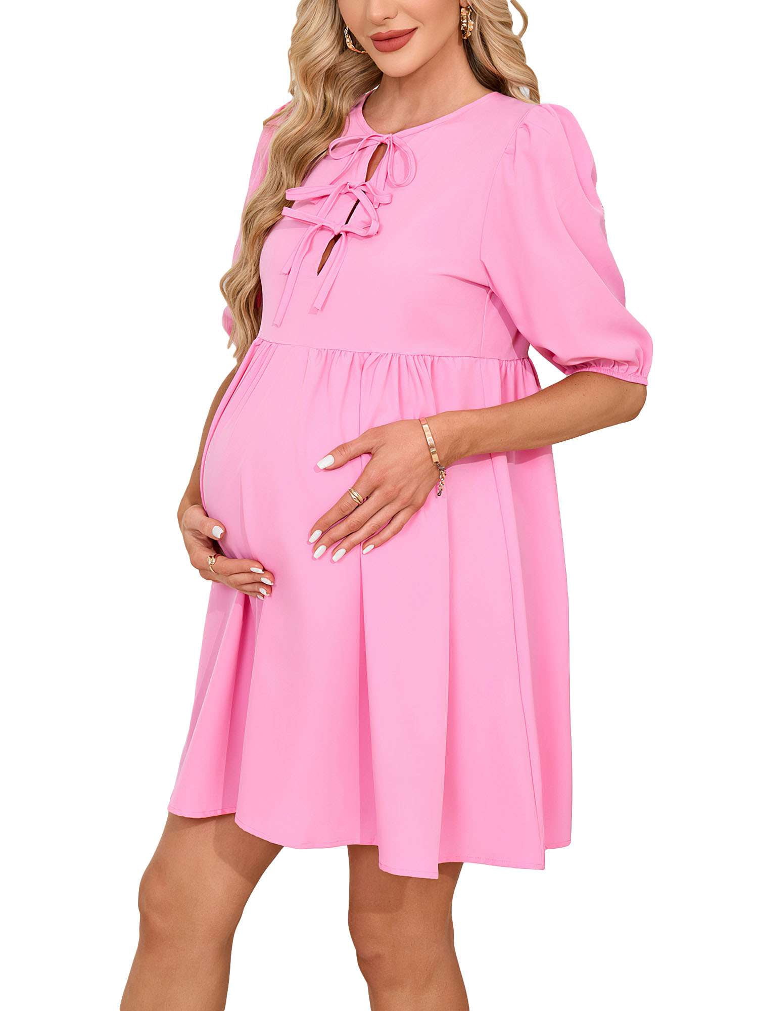 baby shower pink dress Momyknows Pink Off Shoulder Bandeau Ribbed Pleated Bodycon Puff Sleeve Evening Gown Baby Shower Maternity Maxi Dress