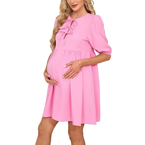 Deago Women's Short Puff Sleeve Maternity Dress Crew Neck Summer Casual Tie Front Loose Flowy Pregnancy Dresses for Baby Shower (Pink, S)
