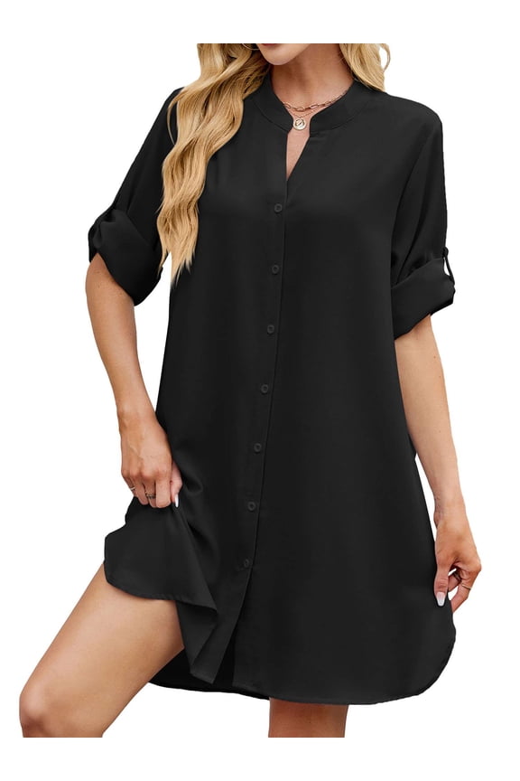 Women's Short Sleeve V Neck Button Down Shirt Dresses Casual Loose Summer Dress Swimsuit Cover Up (Black, 2XL)