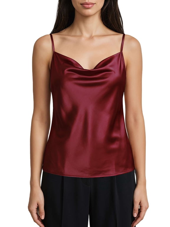 Women's Silk Satin Camisole Cowl Neck Tank Tops Sleeveless Adjustable Spaghetti Strap Cami Summer Basic Shirt Blouse