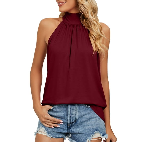 Deago Women's Sleeveless Tie Halter Neck Summer Tops Loose Casual Tank Top Blouse Shirts (Red Wine, S)