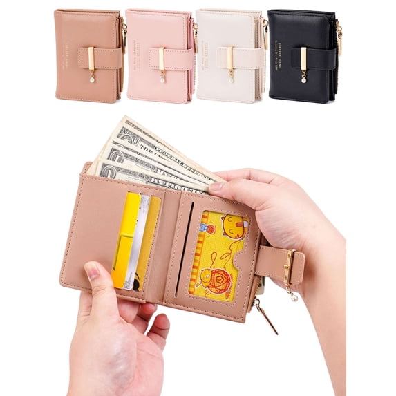 Deago Women's Slim PU Leather Bifold Wallet Credit Card Holder with ID Window & Zipper Coin Pocket Purse (Khaki)