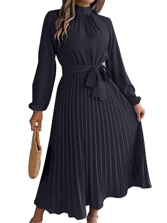 Women's Spring Fall Maxi Dress Long Sleeve Pleated Casual Mock Neck Elegant A Line Flowy Long Dresses with Belt (Black, M)