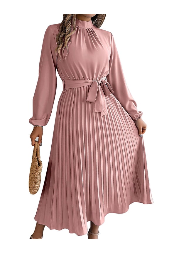 Women's Spring Fall Maxi Dress Long Sleeve Pleated Casual Mock Neck Elegant A Line Flowy Long Dresses with Belt (Pink, L)