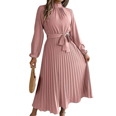 Deago Women's Spring Fall Maxi Dress Long Sleeve Pleated Casual Mock Neck Elegant A Line Flowy Long Dresses with Belt (Pink, M)