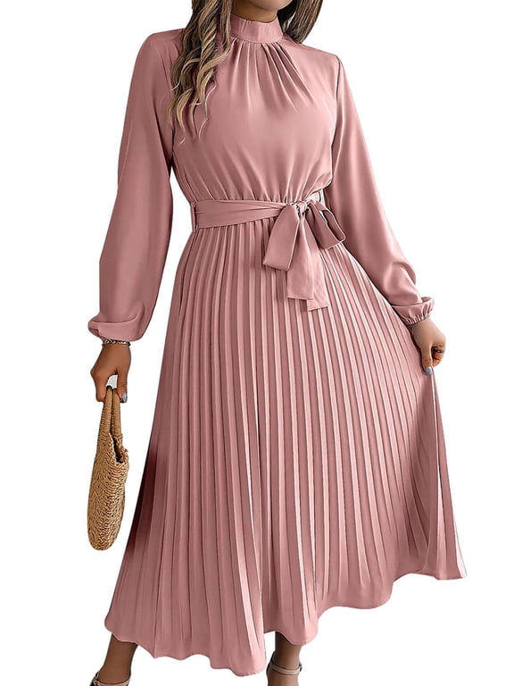 Women's Spring Fall Maxi Dress Long Sleeve Pleated Casual Mock Neck Elegant A Line Flowy Long Dresses with Belt (Pink, M)