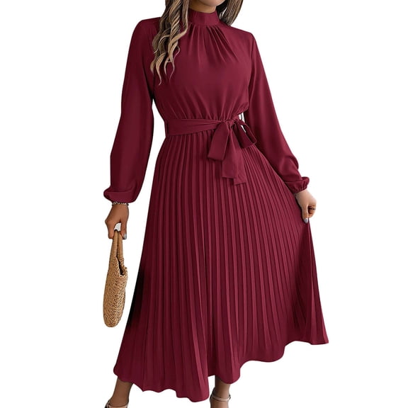 Deago Women's Spring Fall Maxi Dress Long Sleeve Pleated Casual Mock Neck Elegant A Line Flowy Long Dresses with Belt (Red, L)