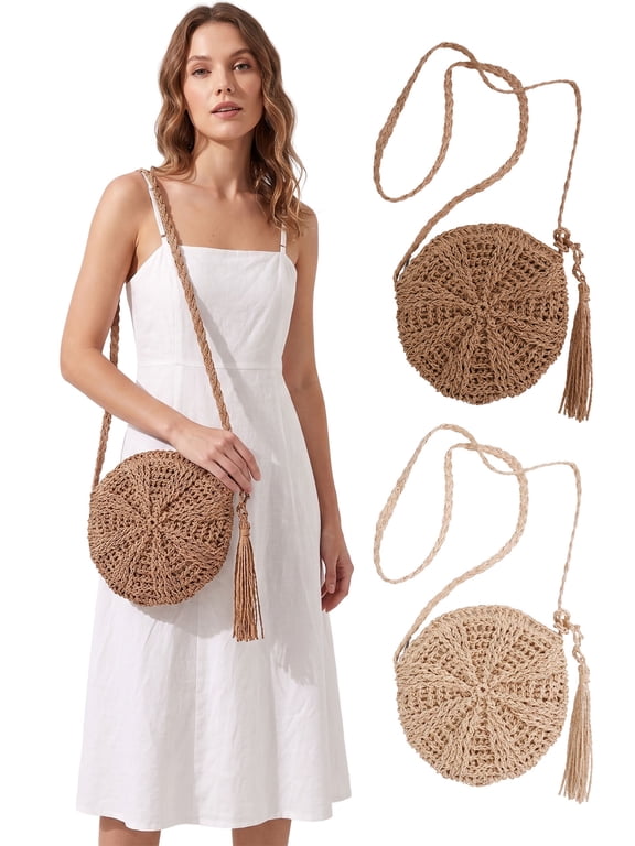 Women's Straw Crossbody Bags Weave Rattan Summer Beach Shoulder Bag Purse Handbags with Tassel