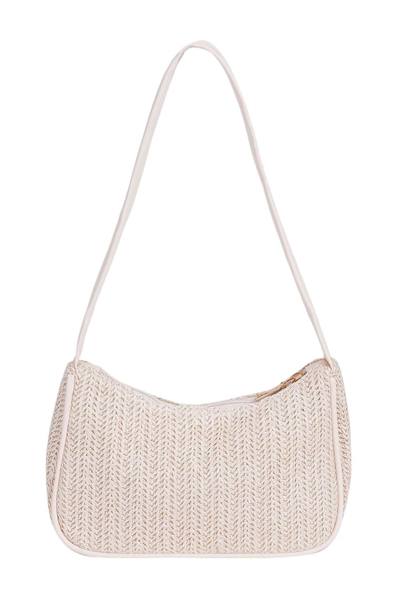 Women's Straw Woven Shoulder Bag Tote Mini Clutch Underarm Vacation Handbag Boho Summer Beach Purse (White)