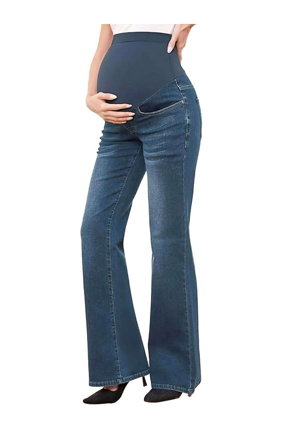 Women's Stretch Maternity Bootcut Jeans with Pockets Over The Belly Bell Bottoms Flare Denim Pants Pregnancy Clothes (Dark Blue, L)