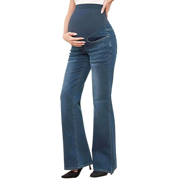 Deago Women's Stretch Maternity Bootcut Jeans with Pockets Over The Belly Bell Bottoms Flare Denim Pants Pregnancy Clothes (Dark Blue, S)