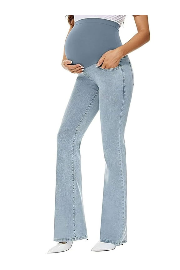 Women's Stretch Maternity Bootcut Jeans with Pockets Over The Belly Bell Bottoms Flare Denim Pants Pregnancy Clothes (Light Blue, L)